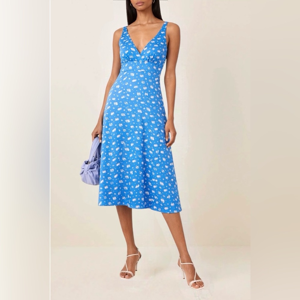 ✨RARE✨ HVN 100% Silk Astrology Zodiac Print V Neck Slip Dress in Blue